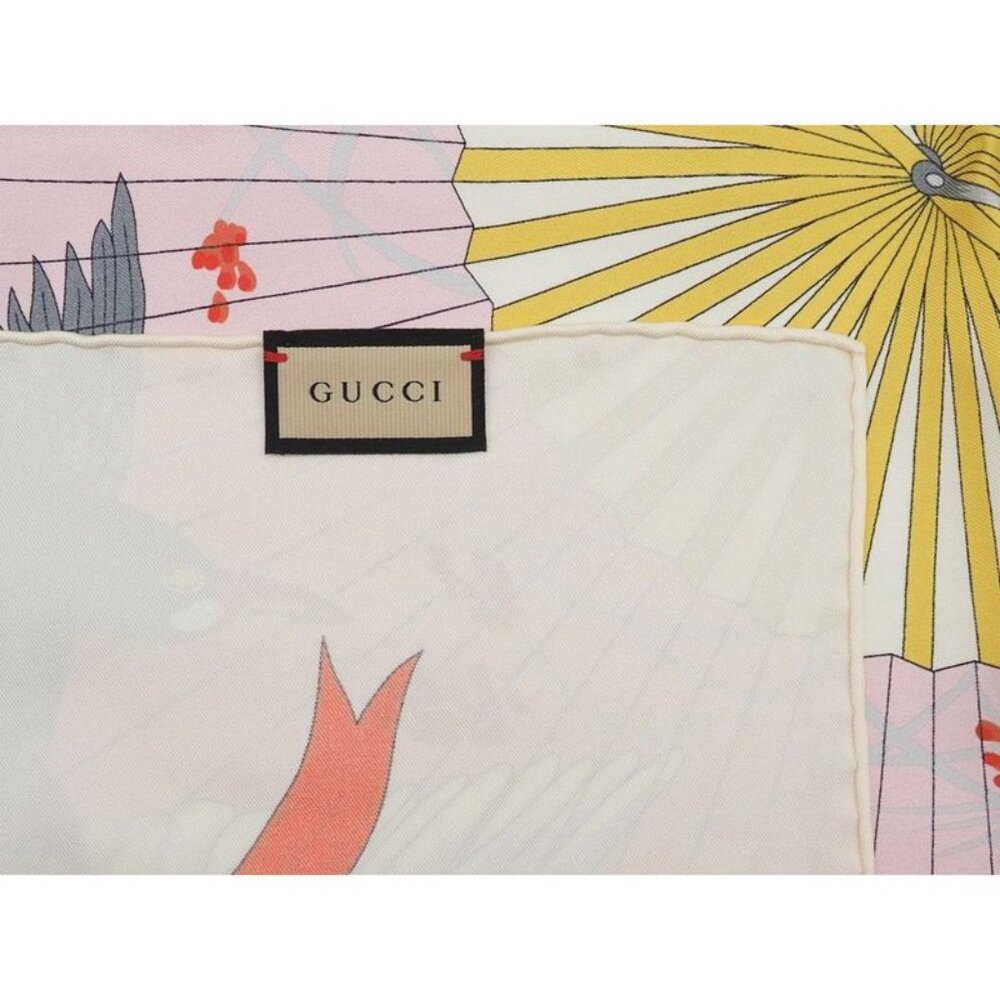 Gucci Printed Silk Scarf Ca Fly Swan 90 X90 fan Swan Bird Ribbon Ivory - Picture 9 of 12